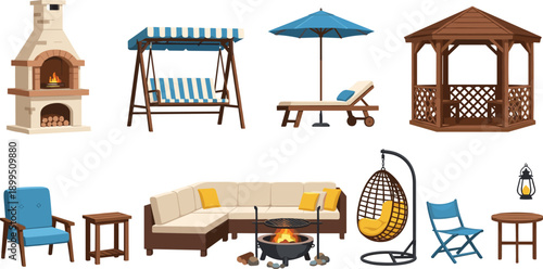 Outdoor patio furniture set with gazebo, garden swing, fireplace, lounge chair, umbrella, sofa, fire pit, cad drawing flat vector illustration, backyard