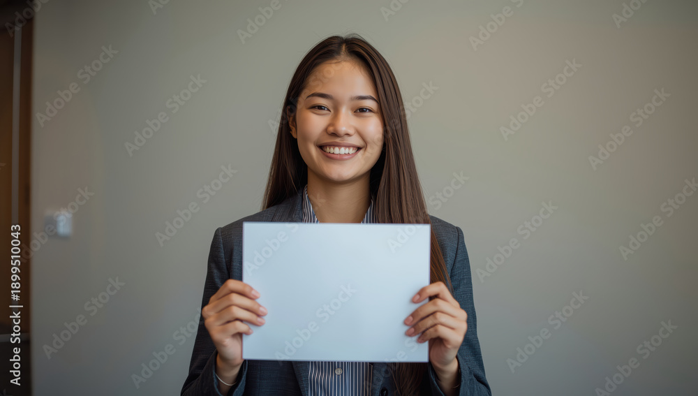 Fototapeta premium Smiling young woman holding blank certificate paper, professional achievement portrait