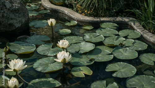 Water Lilies Float on a Pond Surrounded by Green Leaves and Rocks in a Garden...
