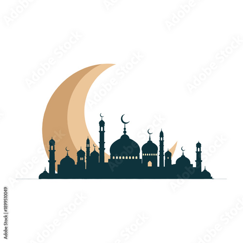 Islamic Mosque Silhouette with Crescent Moon.
