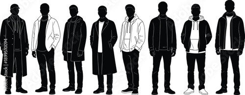 Men fashion silhouettes collection, male winter outfits, jackets hoodies coats, modern streetwear vector illustration isolated on white background studio set