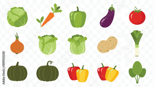 Vegetable illustration set, colorful produce icons, cabbage carrot pepper tomato onion potato pumpkin spinach, healthy food graphic pack