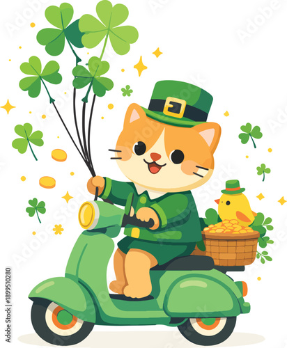 Cute Cat Riding Green Scooter with Shamrock Clover Balloons and Gold Coins – Lucky Green Holiday Cartoon Vector Illustration