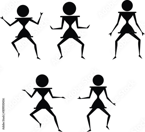 Black silhouettes of people dancing in various poses stick figures simple white background