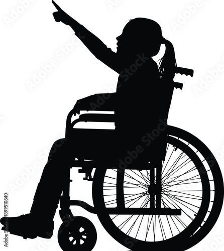 Black silhouette of a girl in a wheelchair pointing