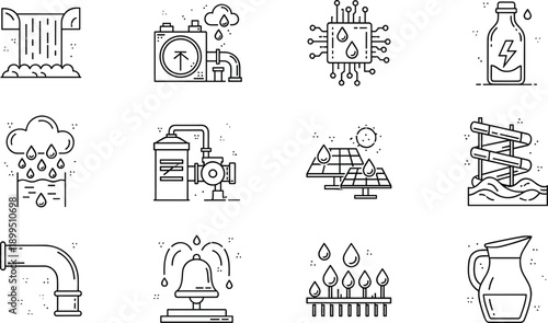 Water management icons, smart irrigation, renewable energy, solar hydro power, sustainable technology, eco resources, outline vector set, collection, system, utilities