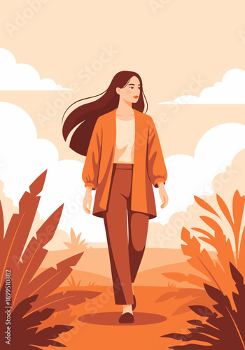 Elegant woman walking outdoors in a serene landscape vector illustration with warm earthy tones