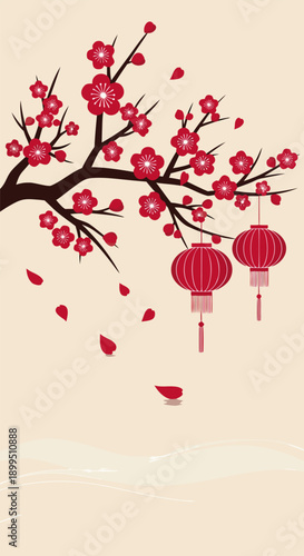Vector illustration of a blooming cherry blossom branch with red lanterns and falling petals, perfect for festive Asian celebrations
