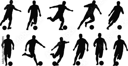 Black silhouettes of soccer players in various poses with balls white background
