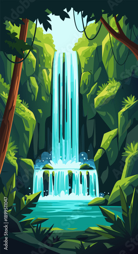 Vector illustration of a beautiful jungle waterfall cascading into a turquoise pool surrounded by lush green foliage and trees in a vibrant tropical landscape