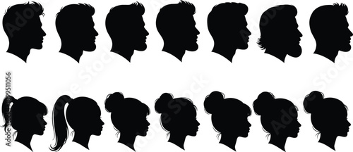 Black silhouettes of people with different hairstyles white background