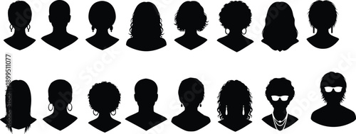 Black silhouettes of women with various hairstyles and accessories white background