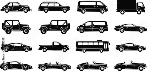 Vehicle silhouette icon set, side profile car graphics, classic and modern transport types, black automotive design illustrations