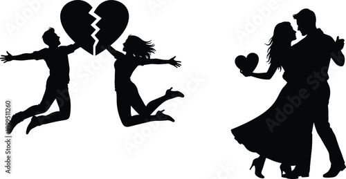Black silhouettes of couples with hearts broken heart