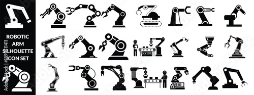 Robotic arm silhouette icon set, industrial automation, mechanical engineering, factory equipment, vector illustration, black pictogram, robotics technology graphic
