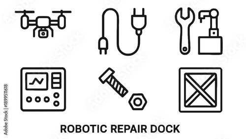 Robotic repair dock with various tools and drone icon
