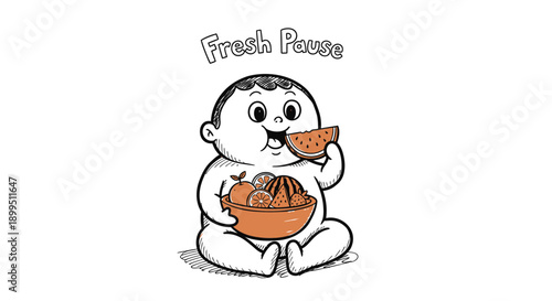 Cute cartoon baby eating watermelon and fruit bowl sitting