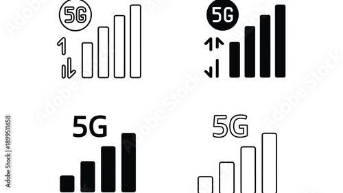 Different 5G network signal strength indicators on white background