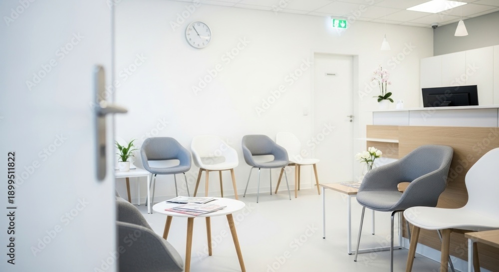 Fototapeta premium Waiting area in a modern office with simple furniture and bright lighting