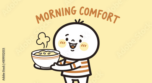 Smiling cartoon character holding steaming bowl of oatmeal breakfast comfort food