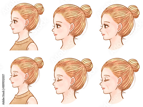 大人女性まとめ髪の横顔イラストセット