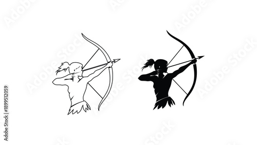 Archery illustration set with woman aiming bow and arrow in different colors