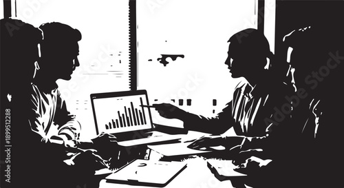 Three business professionals reviewing a bar graph on a laptop in a meeting.