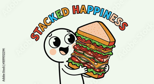 Cartoon character holds giant happy sandwich with stacked layers