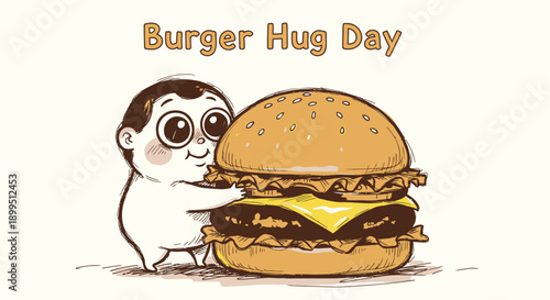Cute cartoon character hugging large cheeseburger with lettuce tomato on bun
