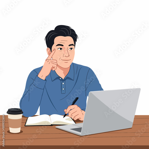 A man working or thinking at a desk with a laptop, notebook, pen, and coffee cup.