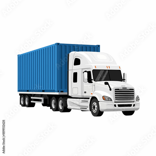 A white semi-truck with a blue shipping container on a trailer, ready for transport and logistics.