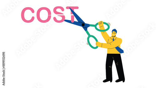 Man cutting cost with giant scissors in a business setting