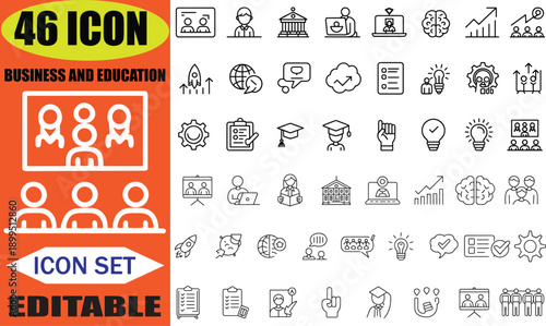 Minimal line business education icon set, online learning, teamwork, leadership, strategy, analytics, growth, training, presentation, communication, management, UI, UX, vector, outline