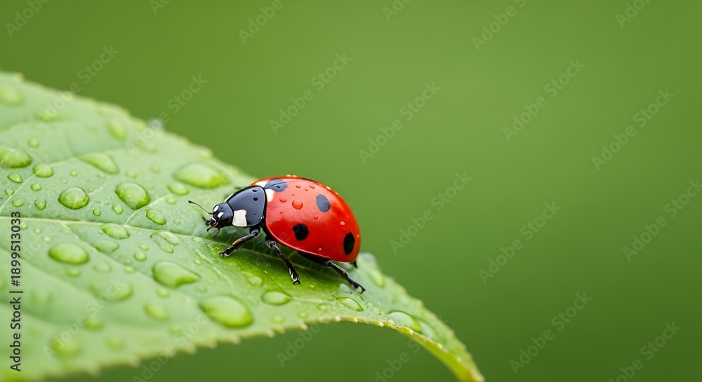 Fototapeta premium Ladybug on Wet Green Leaf Closeup.