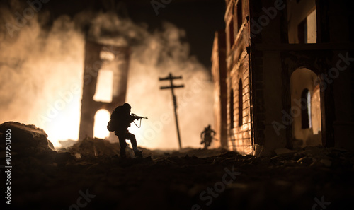War Concept. Battle scene on war fog sky background, Fighting silhouettes Below Cloudy Skyline at night. City destroyed by war
