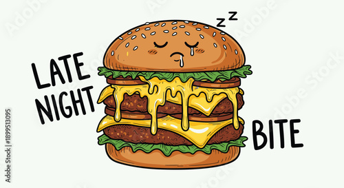 Cartoon cheeseburger with sleepy face and text late night bite