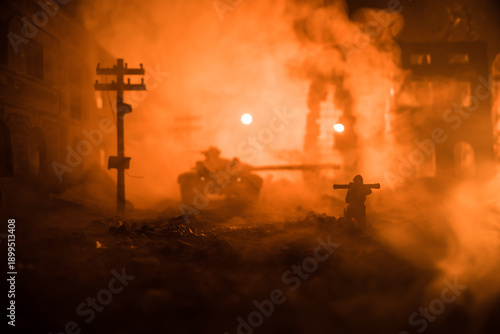 Military soldier silhouette with bazooka. War Concept. Military silhouettes fighting scene on war fog sky background, Soldier Silhouette aiming to the target at night.