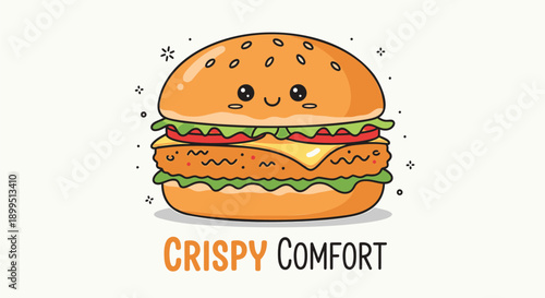 Cute cartoon hamburger with smiling face and crispy comfort text