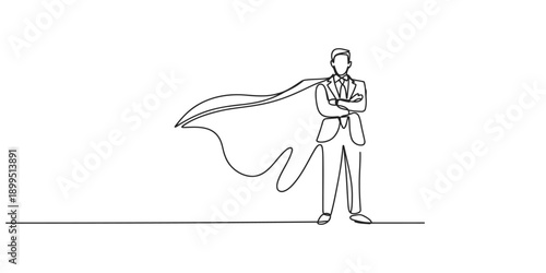 A single continuous line drawing of a super businessman standing confidently with a cape
