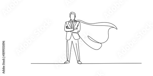 Continuous line drawing of a businessman standing with a superhero cape flowing behind him