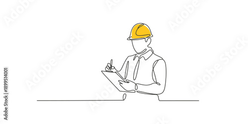 Single continuous line art drawing of construction worker checking clipboard