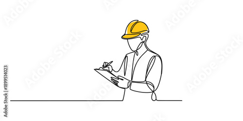 Continuous line drawing of a construction worker with a hard hat writing on a clipboard