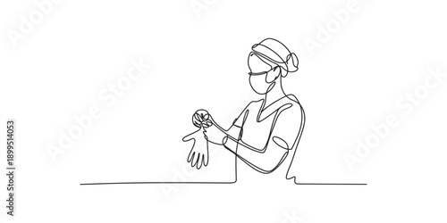 Continuous line drawing of a medical professional in a mask focusing on hand hygiene