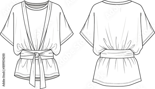 Women’s top technical sketch, deep V-neckline, gathered waist with tie, short wide sleeves, front and back fashion illustration