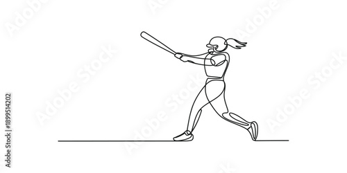 One single line art drawing of a female softball player swinging a baseball bat
