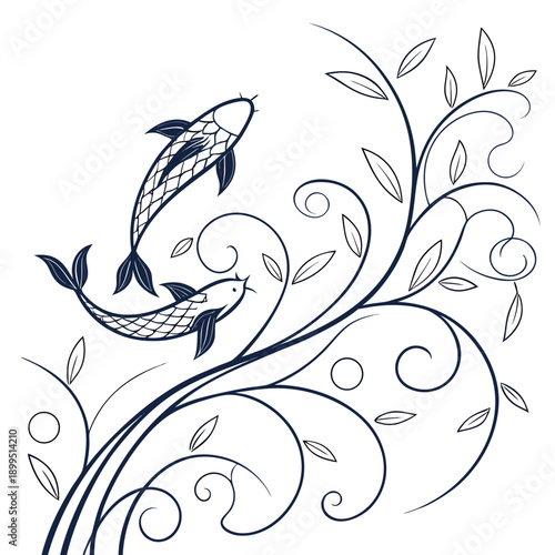 Elegant black and white illustration of dolphins amidst ornate floral patterns