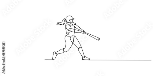 A continuous line drawing of a female softball player in action, swinging a bat