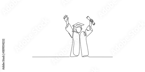A young student celebrating their graduation with a diploma in a continuous line art style