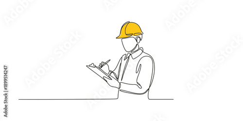 Photos A single line drawing of an engineer or worker with a hard hat writing on a clip