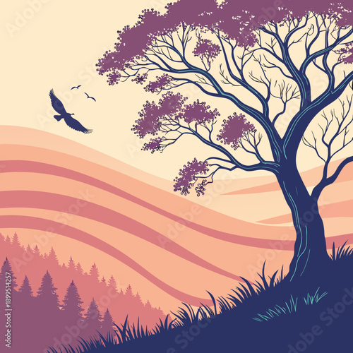 Serene sunset over rolling hills and solitary tree